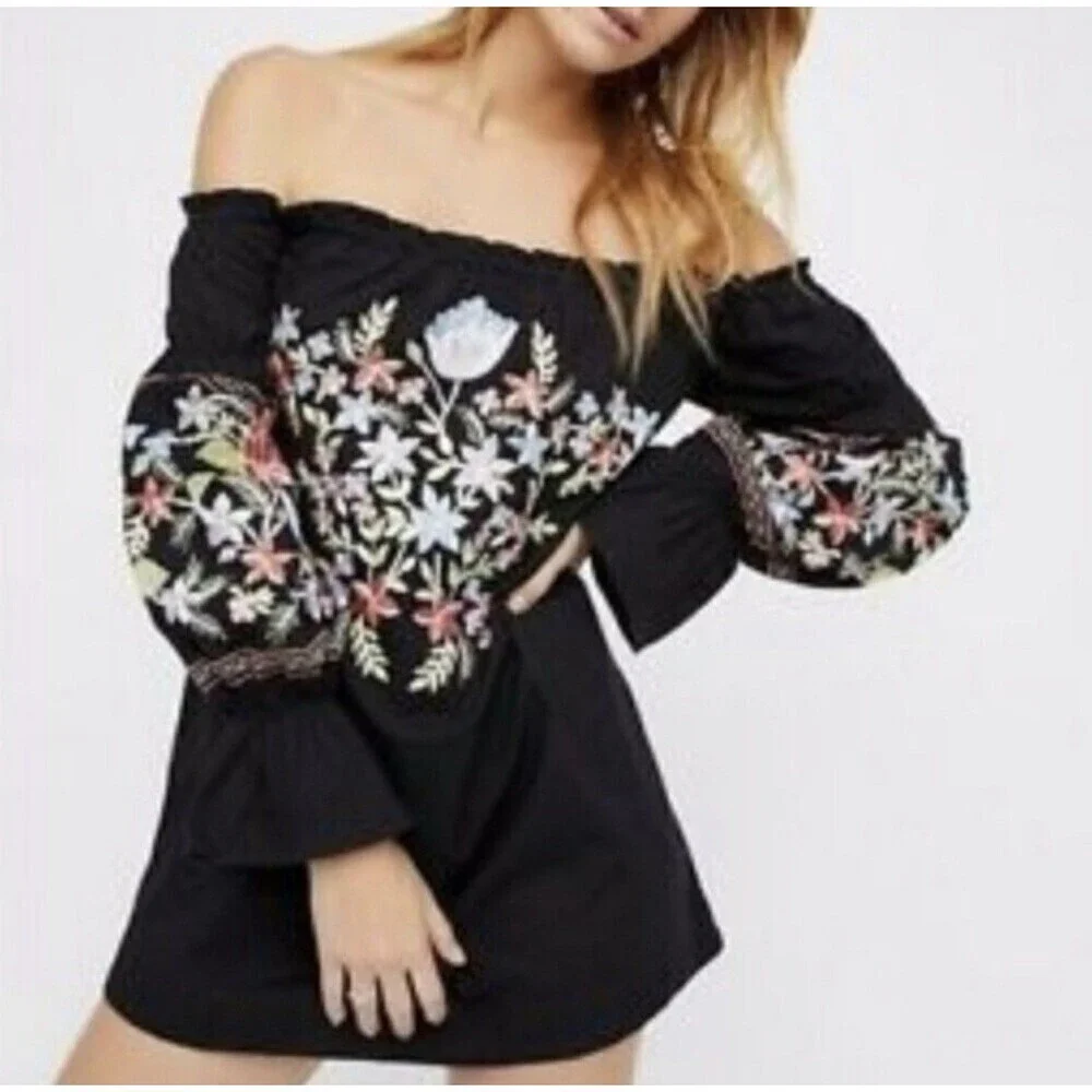 Free People Fleur Du Jour Mini Dress XS Black Floral Embroidered Off Shoulder